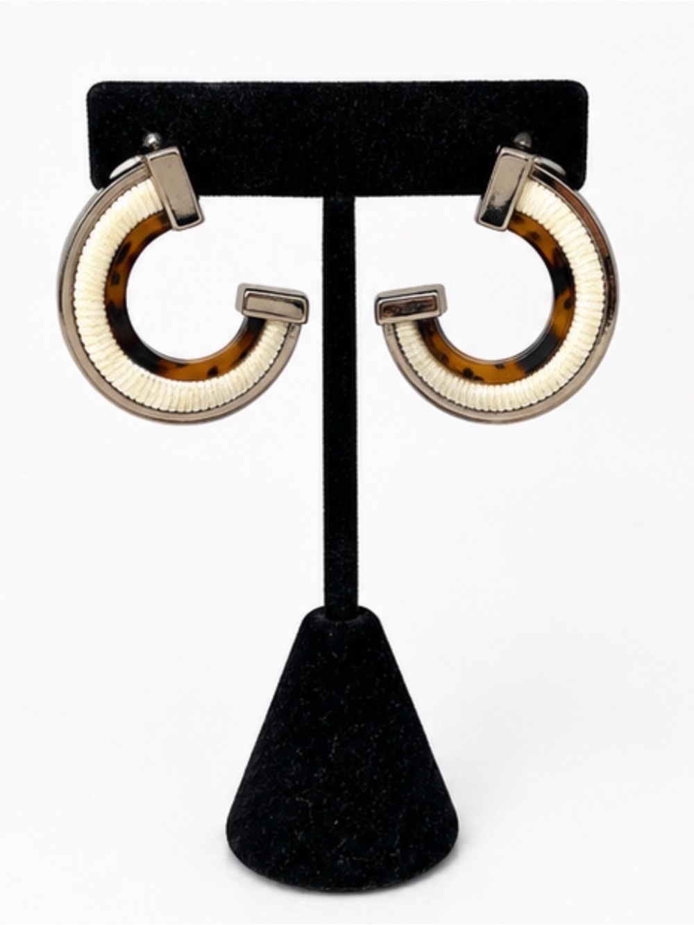 Tortoise Shell Cream Woven Gold Tone Statement Hoop Earrings